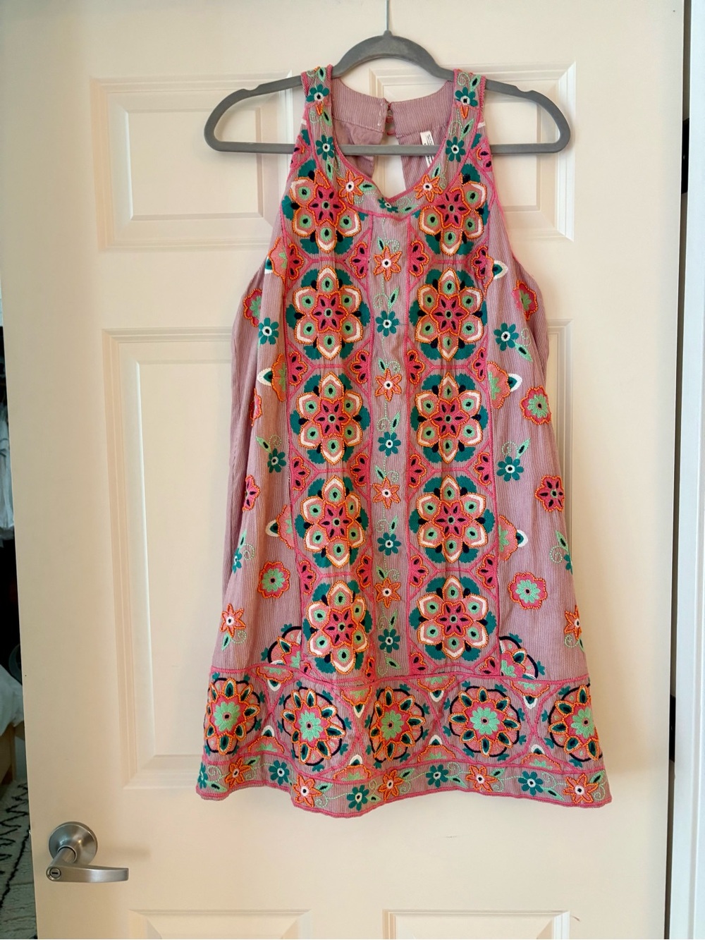 Anthropologie Pink Embroidered Open-Back Halter Dress with Teal Accents - Picture 2 of 8